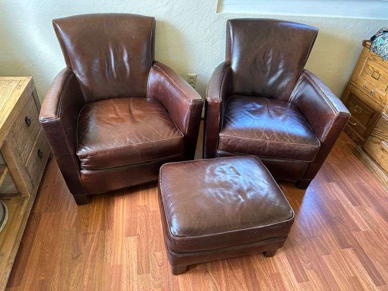2) Lee Industries Leather Chairs and Ottoman