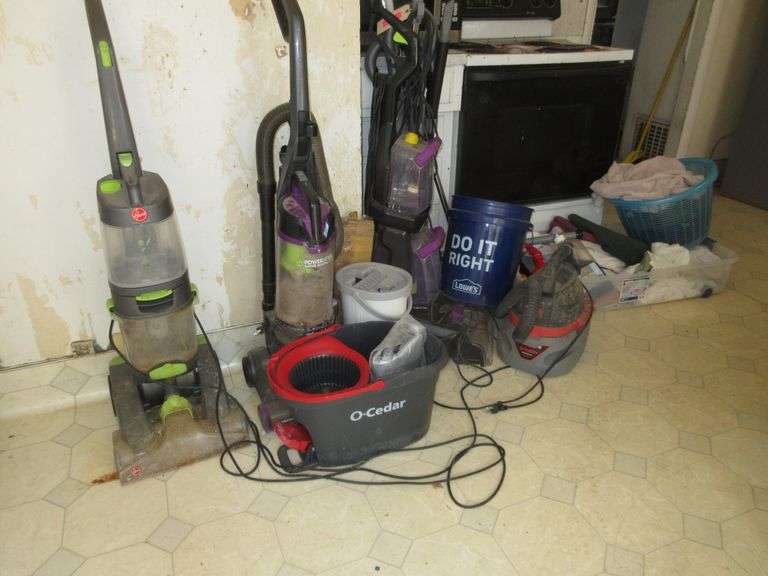 Cleaning Supplies, Vacuums, O-Cedar Bucket, Shop Vac, Towels,