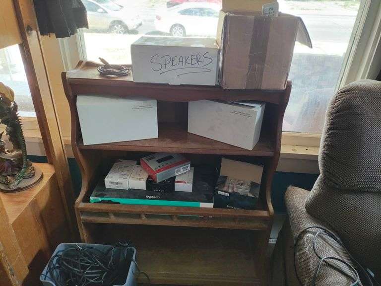 Wooden Shelf with Contents, Logitech Keyboard, Speakers, Computer Mice, Electronic Cords, Ink Cartridges, Netgear Adaptor, More