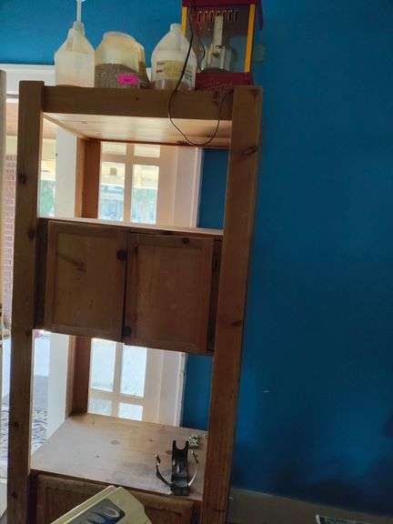 Wooden Shelf with Contents, Popcorn Popper, Butter, Popcorn