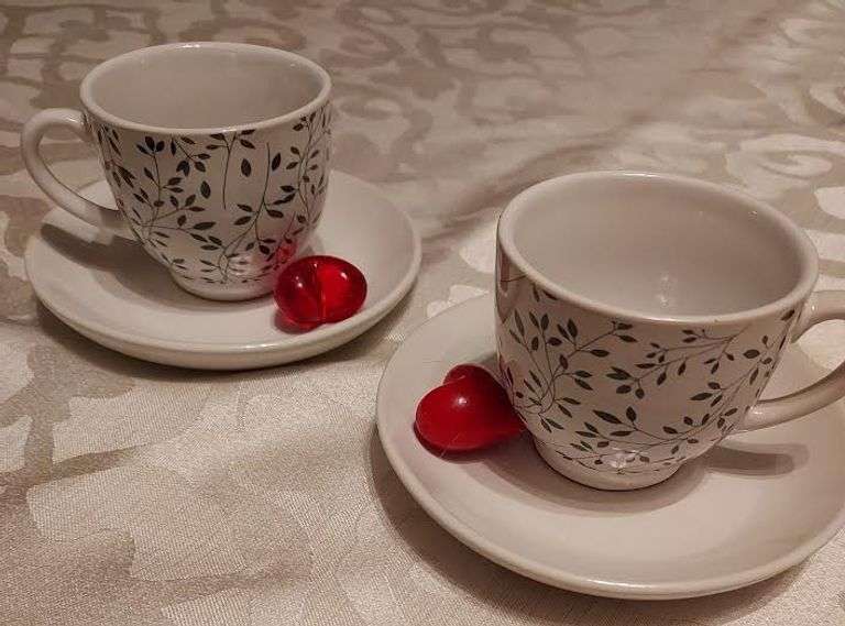 2) Heavy White Ironstone Espresso Cups with Saucers, 2) Hearts included