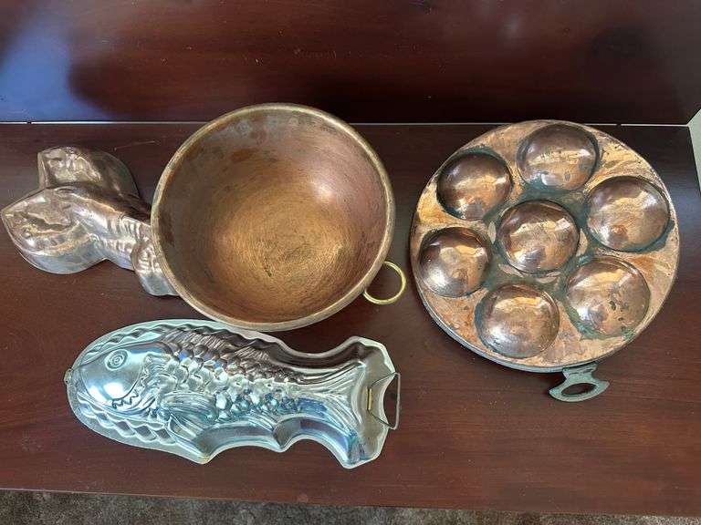 Copper Bowl, Copper Egg Pan, 2) Copper Molds