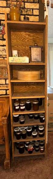71" Tall Shelf with Pottery, Homemade Jams/Jellies, Steamer Baskets