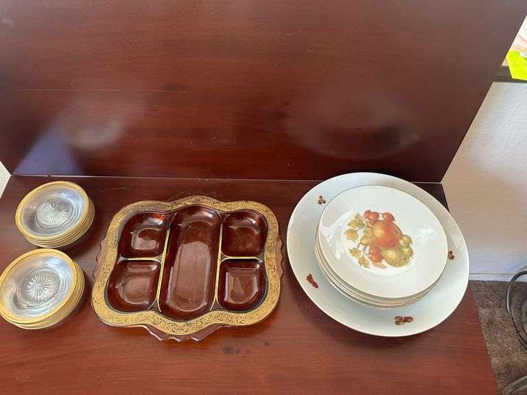 Bavaria Germany Plates and Bowl, Glass Vintage Divided Tray with Gold Edge, Relish Dish, Serving Tray and Gold Trimmed Small Plates