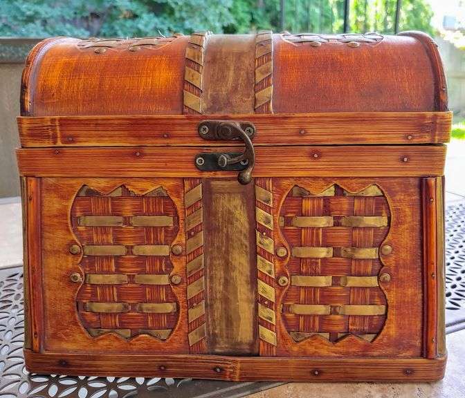 Bent Wood Chest with Metal Inlay and Side Handles - 13"x9"x10.5"