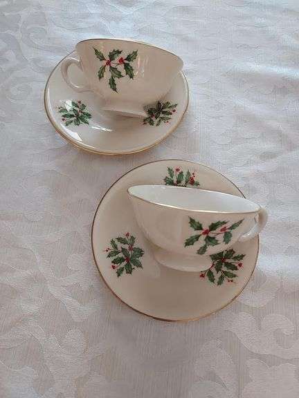 2) Lenox Holly Tea Cups with Saucers
