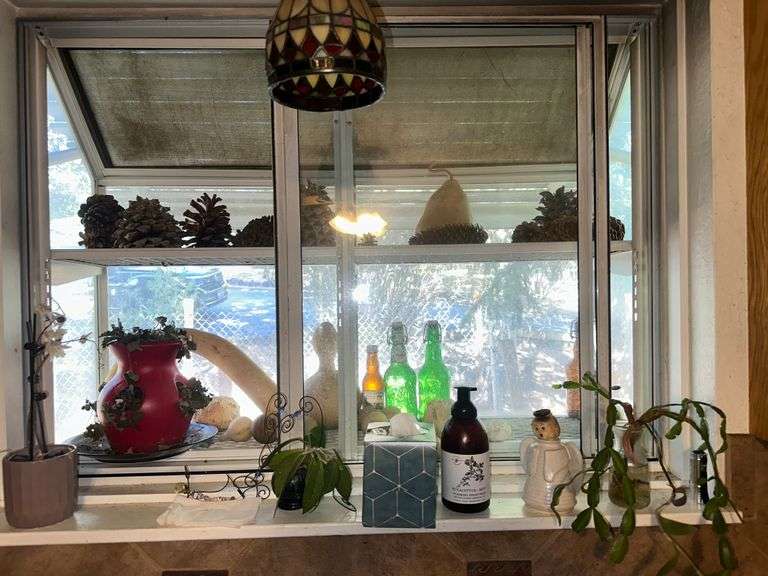 Contents of Window: Pinecone, Gourds, Plants, Soap