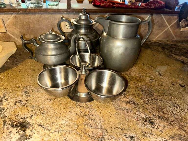 3) Pewter Pitchers, Condiment Caddy