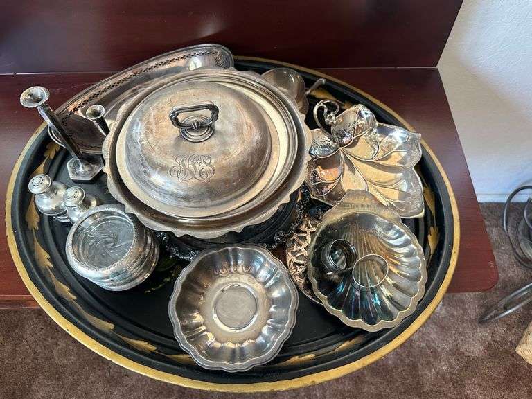 Large Painted Black Tray with Silver Serving Pieces