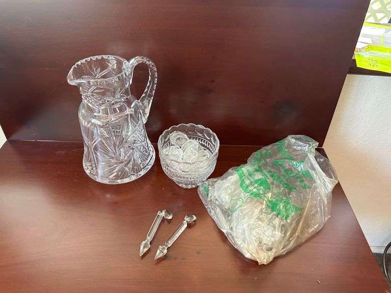 Cut Glass Pitcher, Bowl, Salt Dips, Prism Crystals