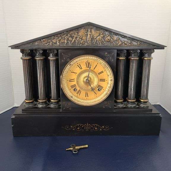 Grecian-Style Ansonia Iron Mantel Clock With Columns