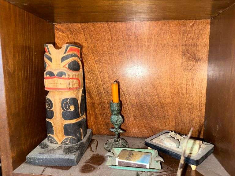 Alaskan Wooden Totem Carving, Candle Stick, Miniature Sand Display, Peru Metal Lid