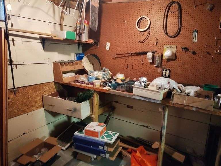 Contents of Corner, Holiday Decor, Casters, Electric Countdown Timer, Knobs, Vintage Fan, Fishing Rod, 'Open' Sign, Drawer Pulls, More