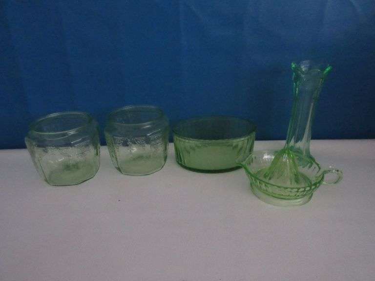 Uranium Glass Vase, Juicer, Bowls