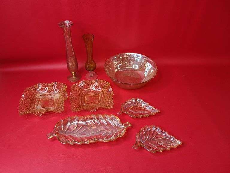 Amber Carnival Glass Dishes and Leaf Shaped Dishes, Amber Bowl and Vases