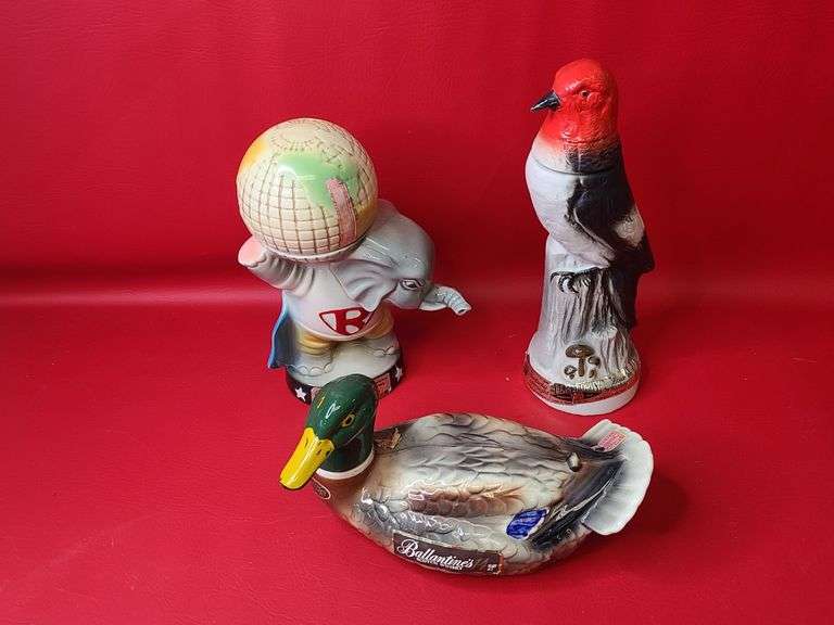 2) Beam Kentucky Straight Bourbon Whiskey Decanters, 1) Ballantine's Scotch Whiskey Duck Decanter