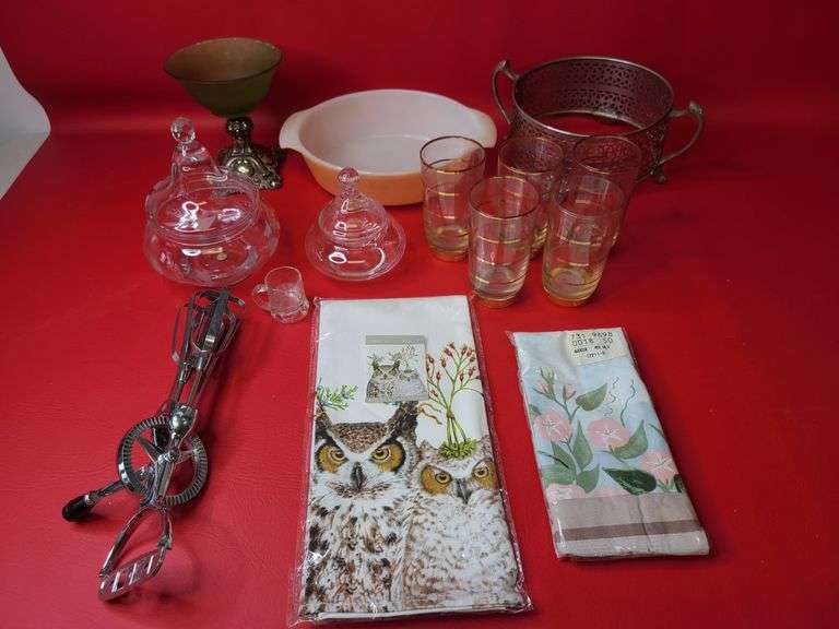 Fire King Casserole Dish, Frosted Glass Bowl with Metal Pedestal, Vintage Gold Trimmed Water Glasses, Glass Candy Dishes with Lids, Hand Mixer, Dish Towels