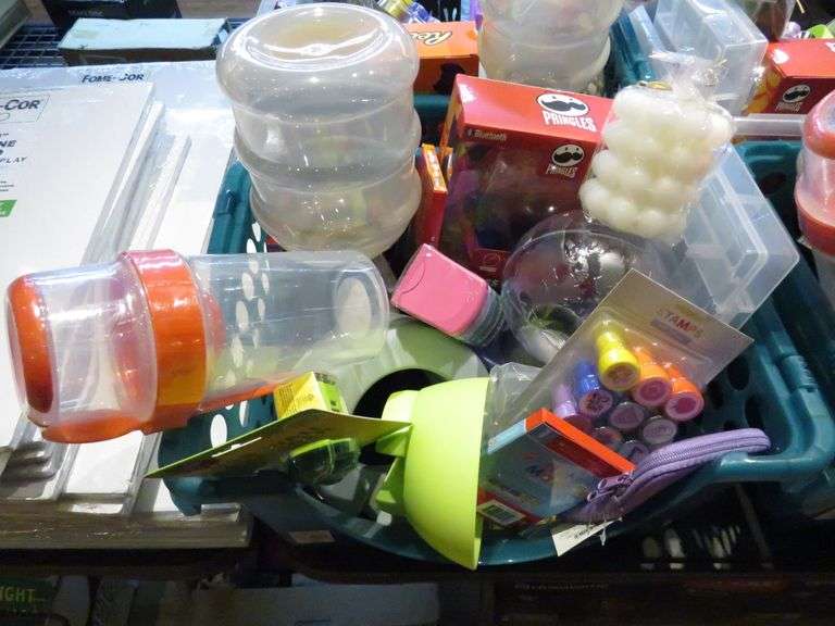 Basket with Stamps, Candle, Flash Cards, USB Wall Charger, Wireless Headphones and More