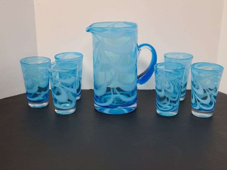 Blue Glass Pitcher, 6) Glasses