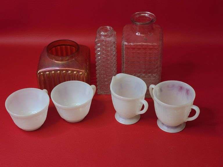 Milk Opalescent Glass Sugar & Creamer Set, 1940s Iridescent Milk Glass Cups Cameo Pattern, Set of 2 Cameo Cups, Jar / Vases