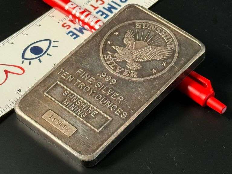 Ten Troy Ounces .999 Fine Silver Sunshine Bar, Numbered, Patina