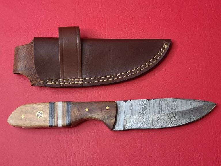 Old Ram Damascus Knife with Leather Sheath
