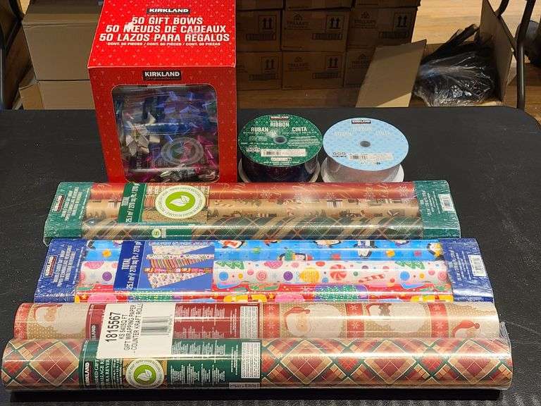 3) Wrapping Paper, 2) Ribbon, 1) Box of Bows