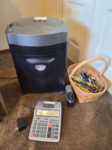 Royal Paper Shredder, Casio Calculator, Pencil Sharpener, Basket of Pens and Pencils