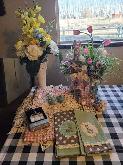 2) Faux Flower Arrangements, 2) Dish Towels, Votive Candles, 3) Bird Statues, 2) Bunny Decor, 2) Doilies
