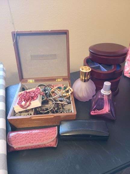 2) Jewelry Boxes with Contents, 2) Glasses Cases with Cases, 2) Lampe Burger Oil Burners
