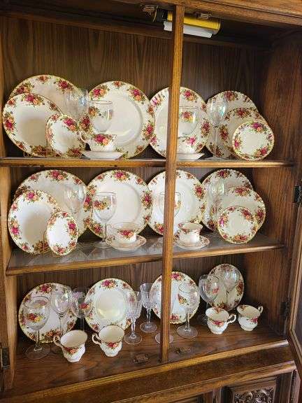 * Contents of China Hutch: Service for Eight Crystal Wine Glasses, Iridescent Wine Glasses, Plates, Tea Cups and Saucers,