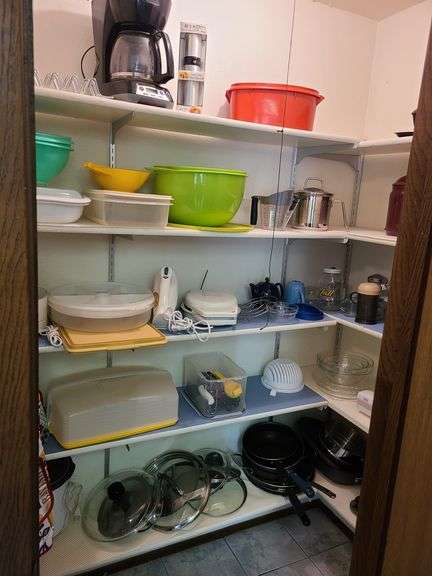 Contents of Pantry: George Forman Grill, Tupperware, Coffee Maker, Oil Jar, Olive Oil Sprayer, Colanders, Food Storage Containers, Mugs, Belgian Waffle Maker, Hand Mixer Aprons and More