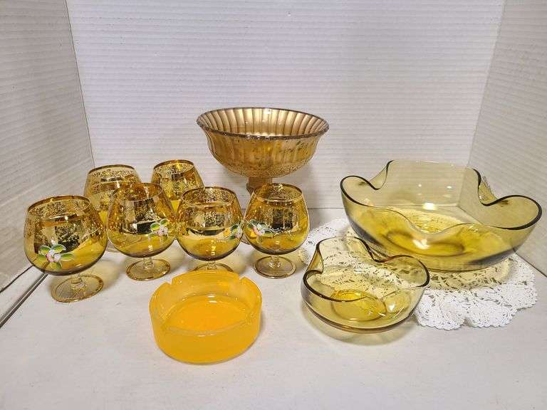 6) Painted Amber Glass Brandy Snifters, 2) Amber Glass Ash Trays ...