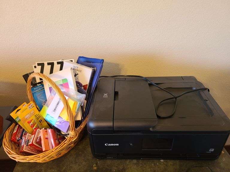 Basket With Office Supplies, Canon Printer
