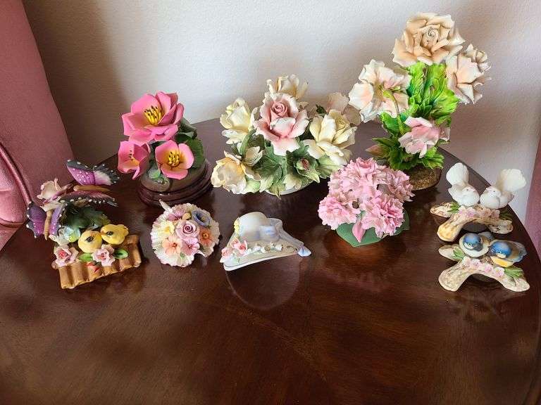 3) Campodimonte Bird Statue Decor, 5) Compodimonte Flower Statue Decor, Hat Decor, Butterfly Statue Decor