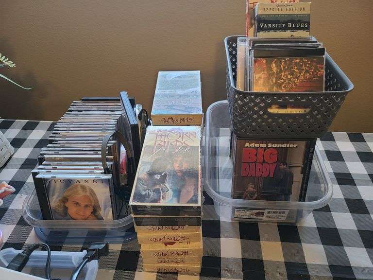 CD Collection: Darrin Allen, Tranquil Moments, John Tesh, Blackhawk and More, CD Player, DVD Collection: Big Daddy, Dying Young, The Other Woman, Soul Surfer and More, VHS Tapes: The Thorn Birds, and Jerry Maguire