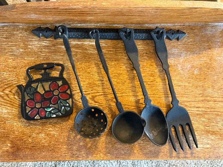 Primitative Cast Iron Kitchen Tool Set and Stained Glass Trivet