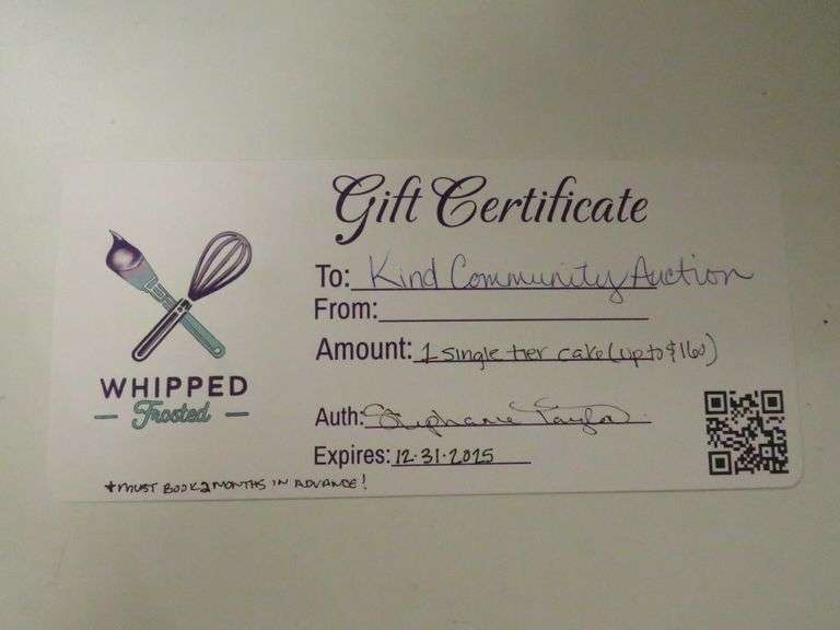 Whipped Frosted Gift Certificate for a Single Tier Cake up to $160