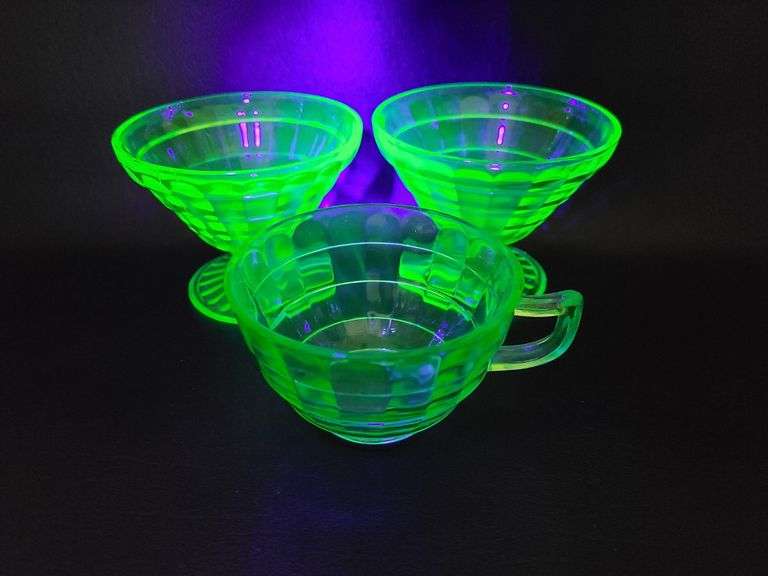 2) Uranium Glass Sundae Dishes, 1) Uranium Glass Cup