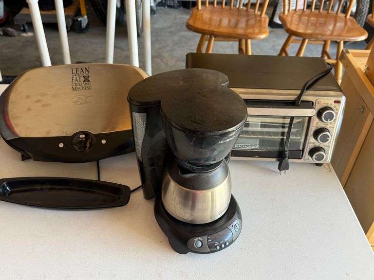 Lean Mean Fat Grilling Machine, Mr. Coffee, Black and Decker Toaster Oven, Pots and Pans