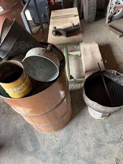 Work Table, Tow Hitch, Barrel, Assorted Metal Tins-Contents of Area