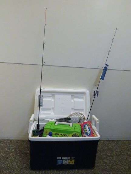 Fishing Basket with Igloo Cooler, Fishing Poles, Tackle Box, and More