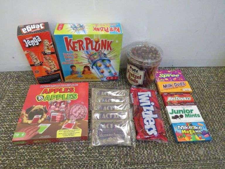 Jenga, Apples to Apples, Ker Plunk, Act II Microwave Popcorn, Utz Pretzel Rods, Candy