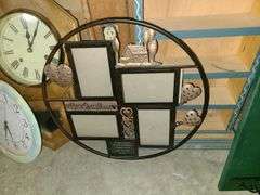 Wooden Shelf, Round Frame, Basket, 3) Clocks, Framed Print, Glass Jar