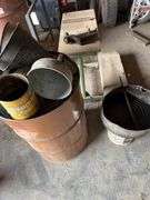 Work Table, Tow Hitch, Barrel, Assorted Metal Tins-Contents of Area