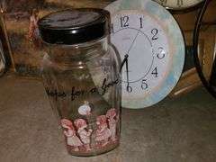 Wooden Shelf, Round Frame, Basket, 3) Clocks, Framed Print, Glass Jar