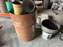 Work Table, Tow Hitch, Barrel, Assorted Metal Tins-Contents of Area