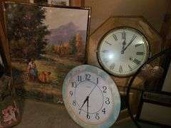 Wooden Shelf, Round Frame, Basket, 3) Clocks, Framed Print, Glass Jar