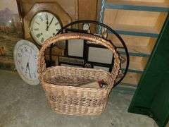 Wooden Shelf, Round Frame, Basket, 3) Clocks, Framed Print, Glass Jar