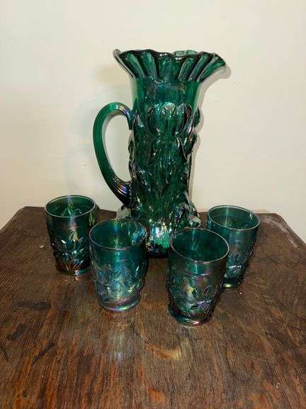 Fenton Green Spruce Carnival Glass Iris Tankard Pitcher and Tumbler Set